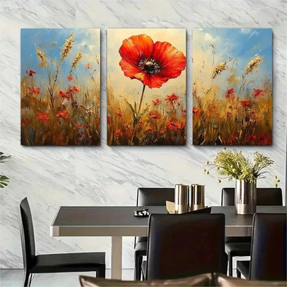 3pcs Wild Meadow Red Flower Perfect Wall Art Set Canvas Framed 50x70cm - High Quality Print 100% Australian Made Wall Canvas Ready to Hang