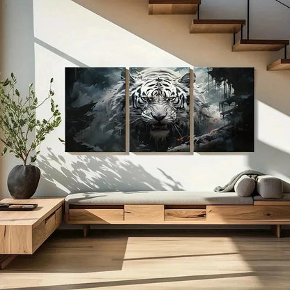 3pcs White Tiger Growling and Staring Wall Art Set Canvas Framed 50x70cm - High Quality Print 100% Australian Made Wall Canvas Ready to Hang
