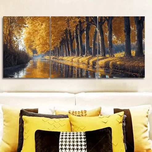 3pcs Golden Autumn River Trees Wall Art Set Canvas Unframed - High Quality Print 100% Australian Made Wall Canvas - Bella Home Decor