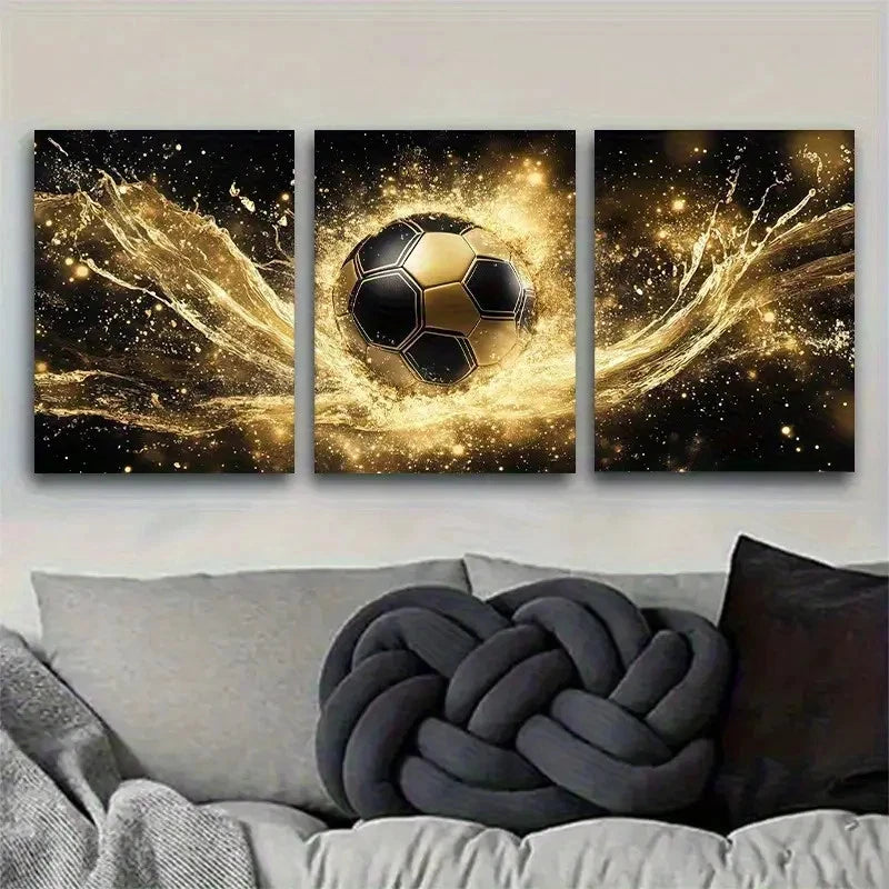 3pcs Golden Soccer with Black & Golden Football Metal Print Ready to Hang Art - Bella Home Decor