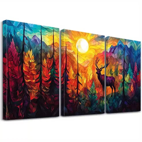3pcs Vibrant Aesthetic Colorful Sunset Deer Wall Art Canvas Unframed - High Quality Print 100% Australian Made Wall Canvas