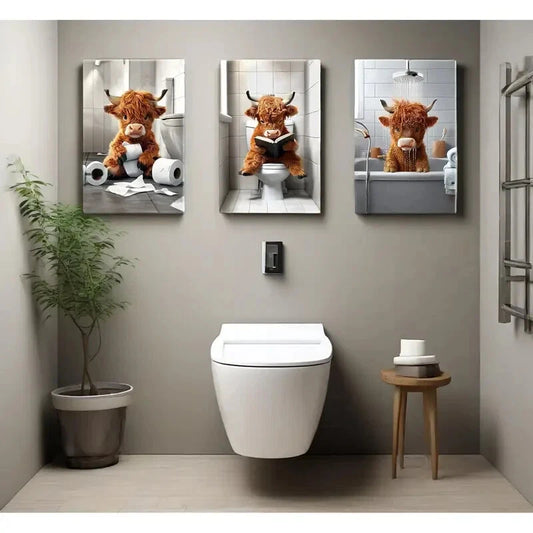 3pcs Playful Brown Cows in Various Scenes Metal Print Ready to Hang Art