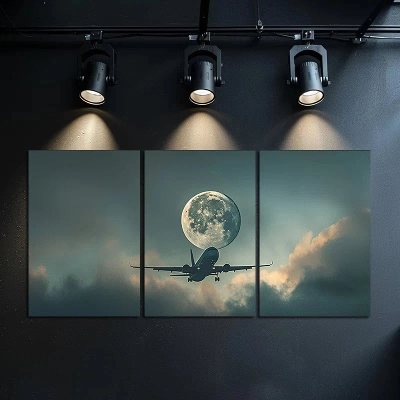 3pcs Airplane and Full Moon Over Clouds Metal Print Ready to Hang Art - Bella Home Decor