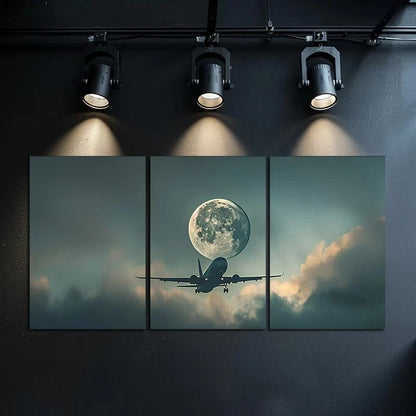 3pcs Airplane and Full Moon Over Clouds Metal Print Ready to Hang Art - Bella Home Decor