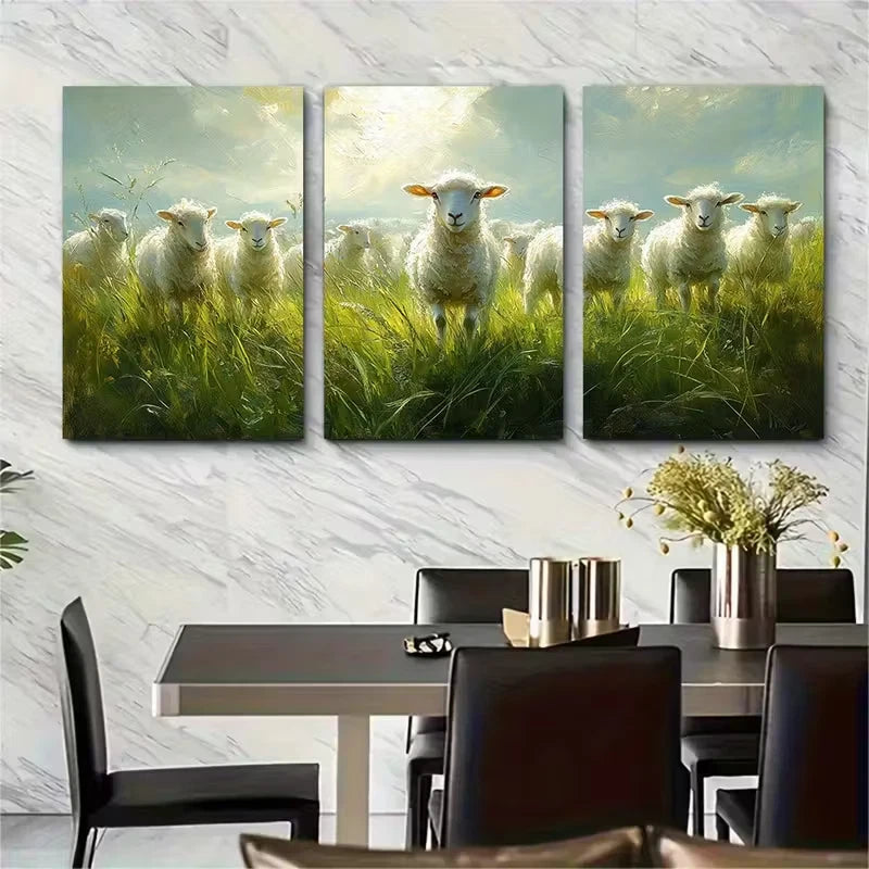 3pcs Herd Of Sheep Grazing Metal Print Ready to Hang Art