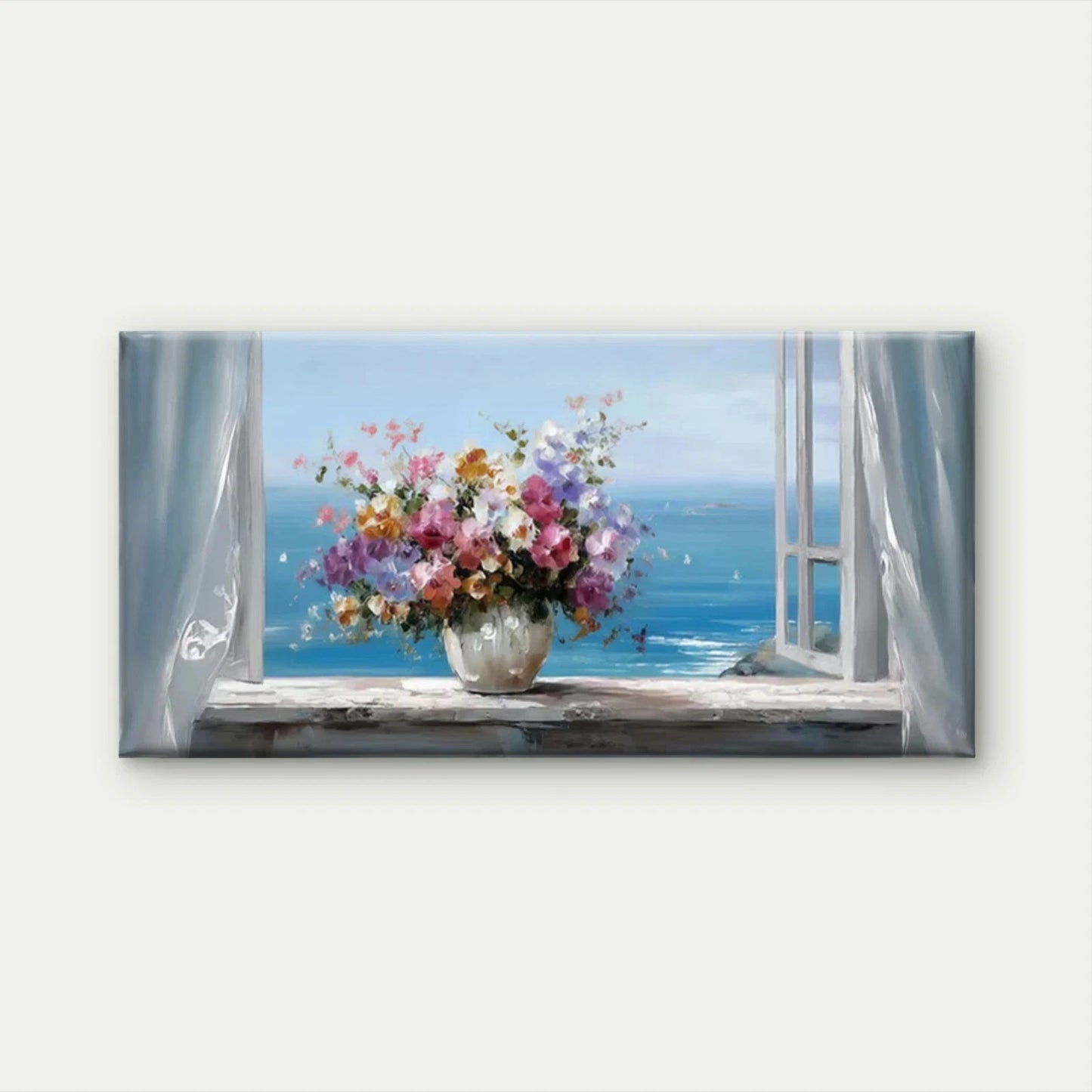 Vase of Flowers, & Ocean View Wall Art Canvas Office Home Room Framed 120x60cm