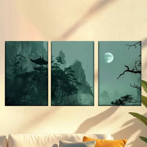 3pcs Chinese Landscape with Moonlit Mountains Wall Art Set Canvas Unframed - High Quality Print 100% Australian Made Wall Canvas - Bella Home Decor