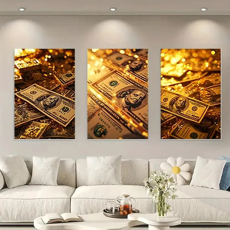 3pcs  Golden Currency Design GC    Wall Art Set Canvas Framed 50x70cm - High Quality Print 100% Australian Made Wall Canvas Ready to Hang - Bella Home Decor
