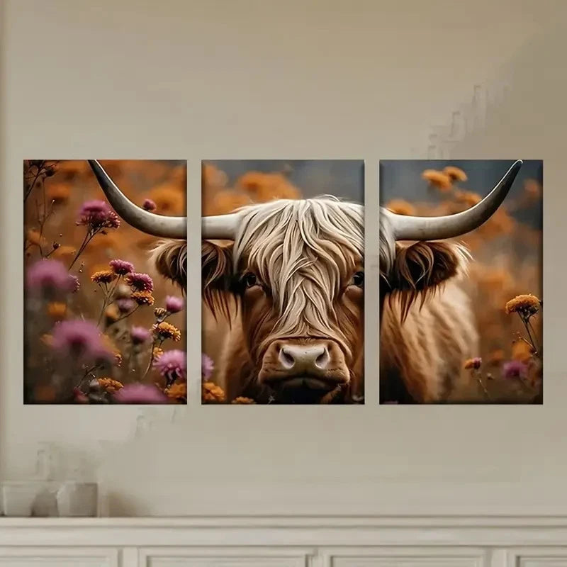 3pcs Long Haired Cow with Long Horns Standing Wall Art Set Canvas Framed 40x60cm - High Quality Print 100% Australian Made Wall Canvas Ready to Hang - Bella Home Decor