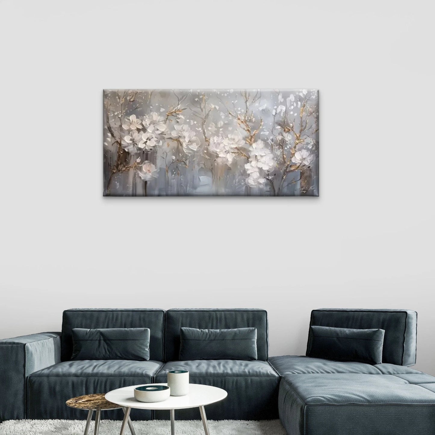 White Flowers Gray White Wall Art Canvas Office Home Room Framed 120x60cm