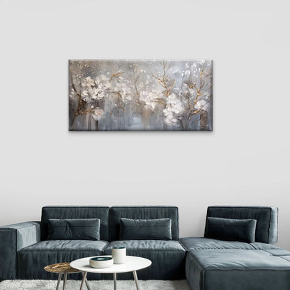 White Flowers Gray White Wall Art Canvas Office Home Room Framed 120x60cm