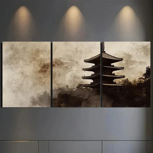 3pcs Japanese Pagoda Under the Northern Lights Wall Art Canvas Unframed – High Quality Print 100% Australian Made Wall Canvas