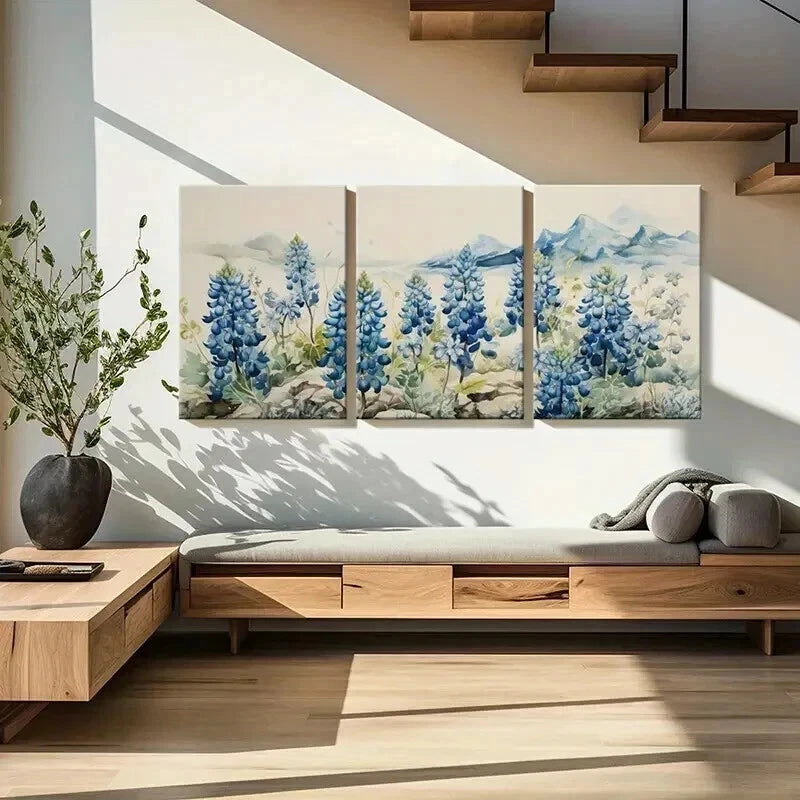 3pcs Mountain Landscape with Bluebonnet Flowers Wall Art Set Canvas Framed 50x70cm - High Quality Print 100% Australian Made Wall Canvas Ready to Hang - Bella Home Decor