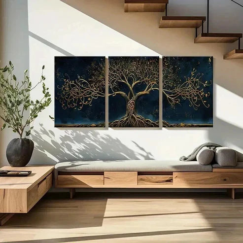 3pcs Golden Tree of Life Intricate Branch Wall Art Set Canvas Unframed - High Quality Print 100% Australian Made Wall Canvas - Bella Home Decor