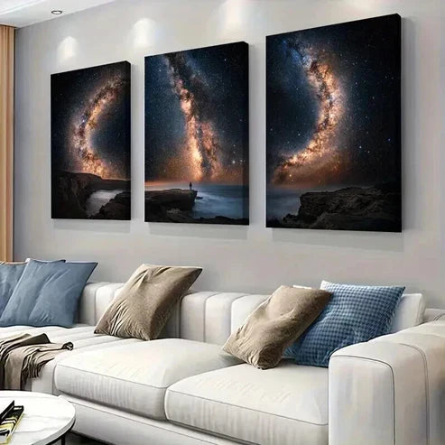 3pcs Milky Way Galaxy Over Ocean Cliff Art Set Canvas Unframed - High Quality Print 100% Australian Made Wall Canvas