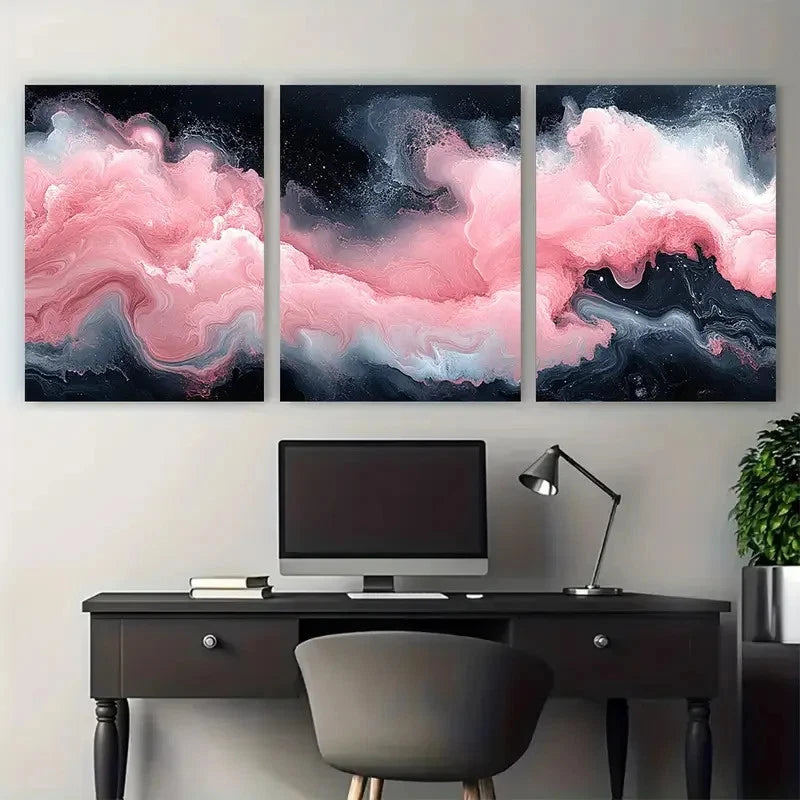 3pcs Abstract Marble Pink Black and White Flowing Metal Print Ready to Hang Art - Bella Home Decor