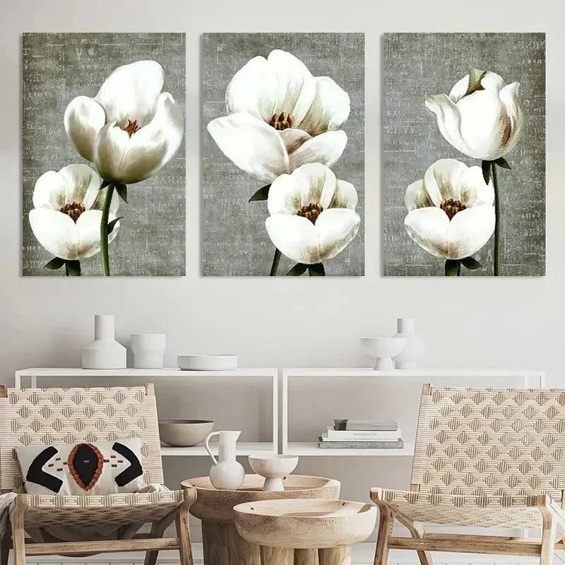 3pcs Vintage Style White Flowers Wall Painting Metal Print Ready to Hang Art - Bella Home Decor