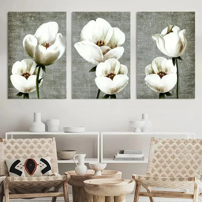 3pcs Vintage Style White Flowers Wall Painting Metal Print Ready to Hang Art - Bella Home Decor