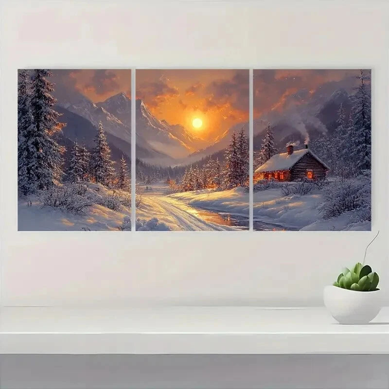 3pcs Snowy Mountain Landscape Cozy Cabin Scene Metal Print Ready to Hang Art - Bella Home Decor
