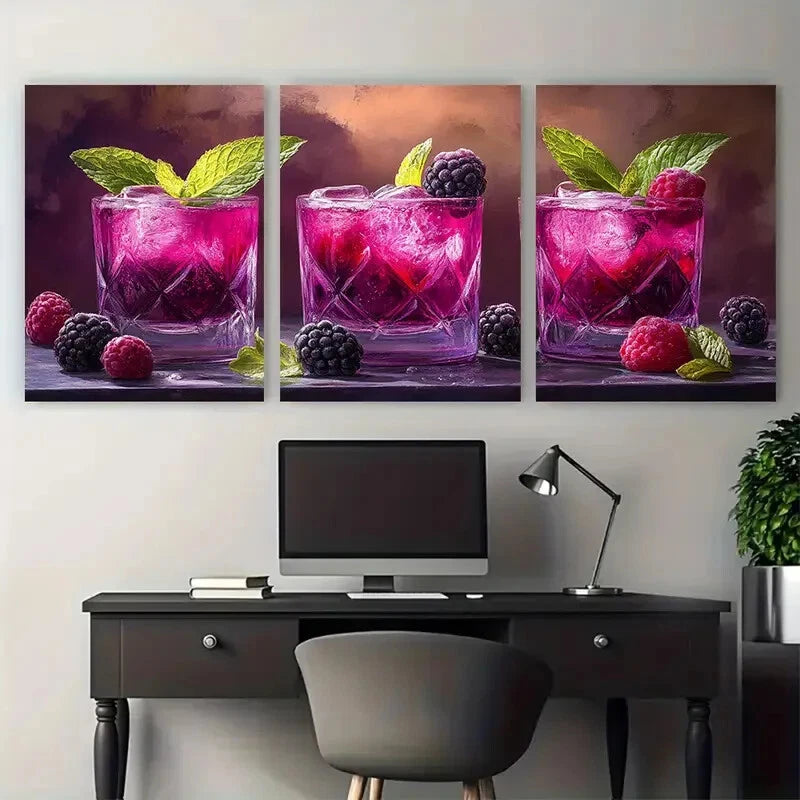 3pcs Fresh Berry Raspberry Blackberry Mint Metal Print Ready to Hang Art - Bella Home Decor