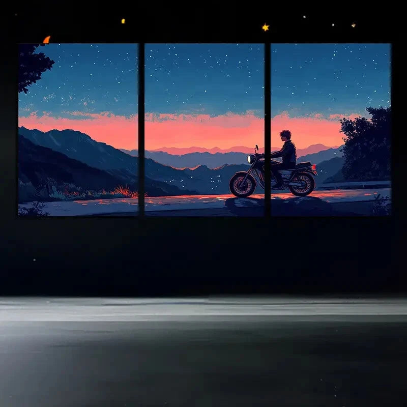 3pcs Modern Motorcycle Rider Scenery Metal Print Ready to Hang Art