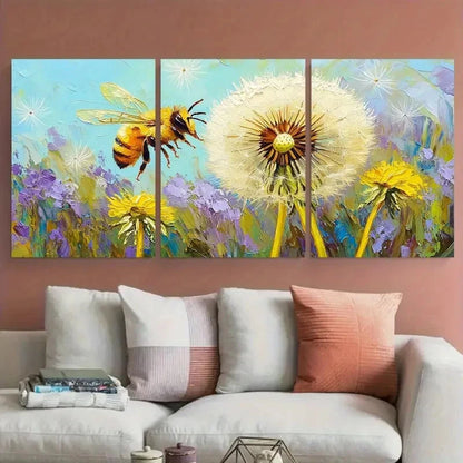 3pcs Vibrant Honeybee & Dandelion Floral Meadow Metal Print Ready to Hang Art - Bella Home Decor