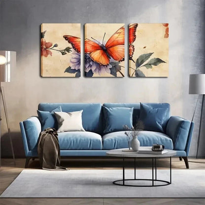 3pcs Orange-Red Butterflies Resting Perfect Wall Art Set Canvas Framed 50x70cm - High Quality Print 100% Australian Made Wall Canvas Ready to Hang - Bella Home Decor