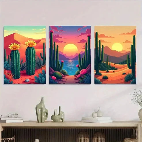 3pcs Vibrant Cactus Sunset Oasis Triptych Wall Art Set Canvas Unframed - High Quality Print 100% Australian Made Wall Canvas