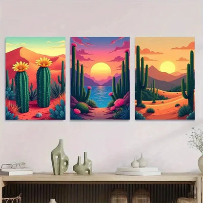 3pcs Vibrant Cactus Sunset Oasis Triptych Wall Art Set Canvas Unframed - High Quality Print 100% Australian Made Wall Canvas