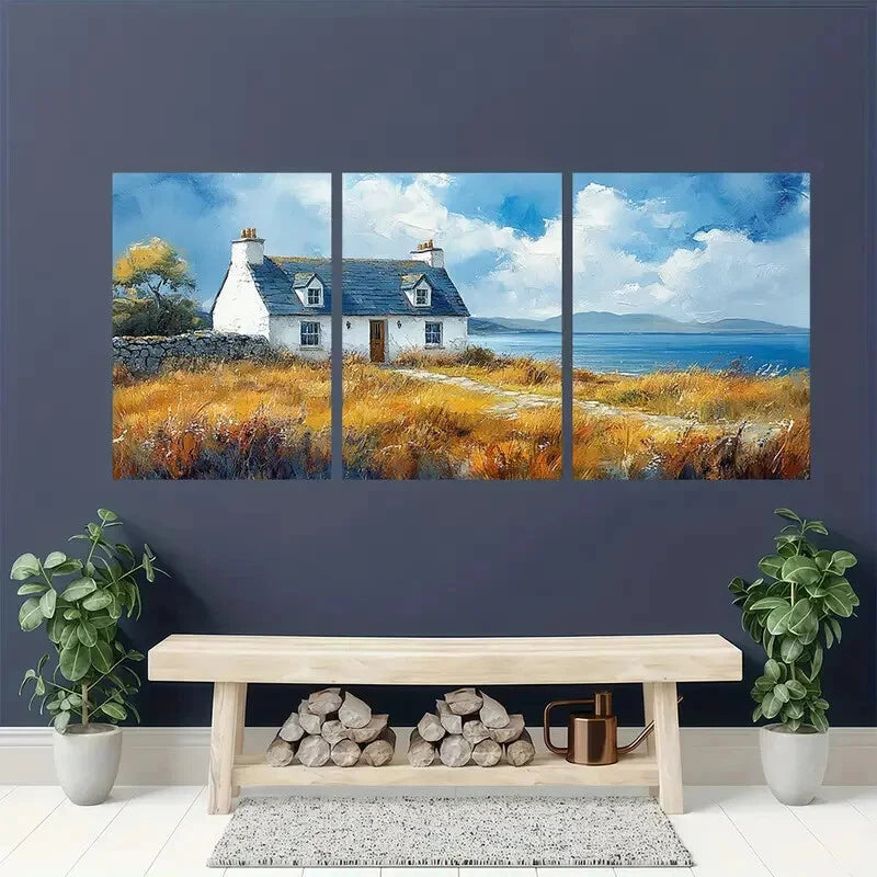 3pcs Scottish Cottage Painting Isle Pf Sky Metal Print Ready to Hang Art - Bella Home Decor