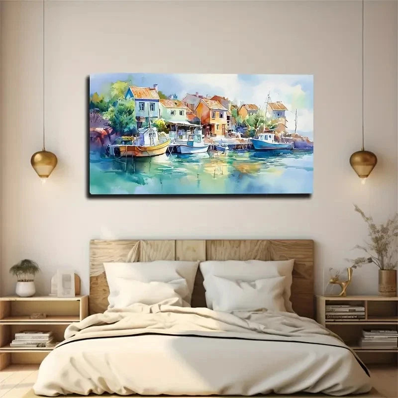 Coastal Town Watercolor Wall Art Canvas Office Home Room Framed 120x60cm
