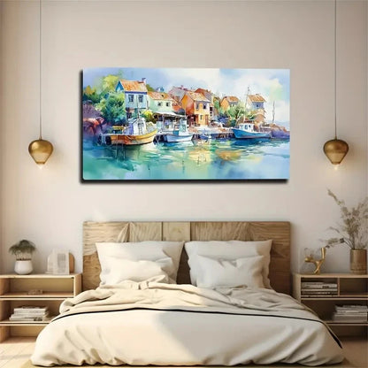 Coastal Town Watercolor Wall Art Canvas Office Home Room Framed 120x60cm