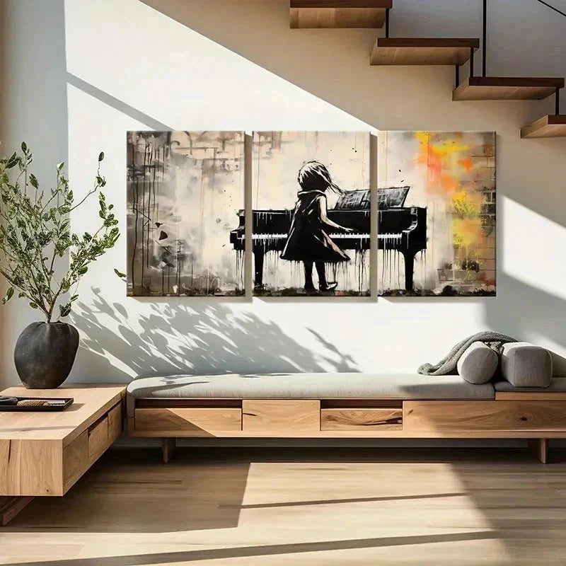 3pcs Vintage Little Girl Playing Piano Wall Art Set Canvas Framed 60x90cm - High Quality Print 100% Australian Made Wall Canvas Ready to Hang