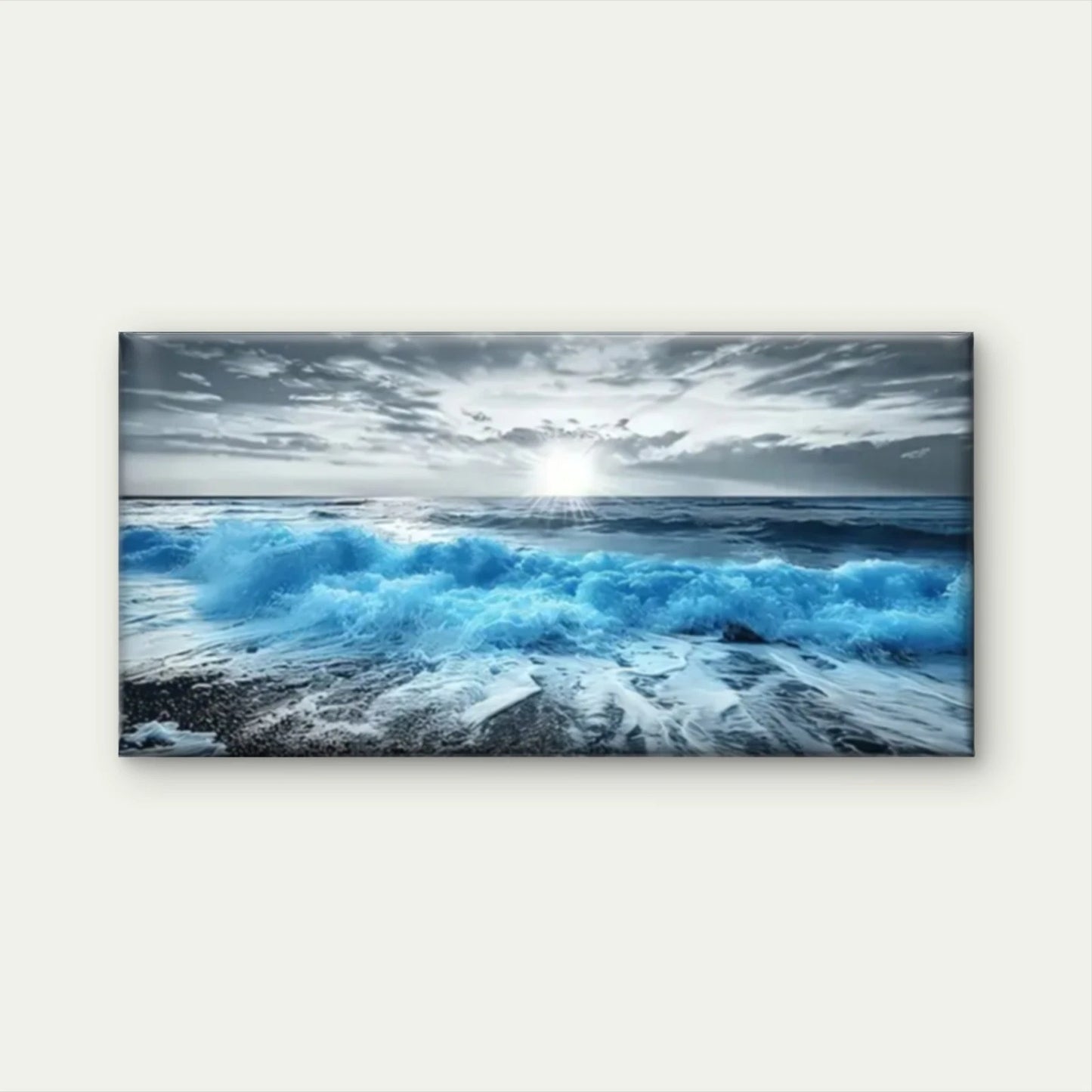 Huge Waves Coast Grey Blue Wall Art Canvas Office Home Room Framed 120x60cm