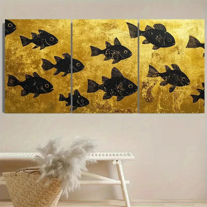 3pcs Vibrant Black Fish on Golden Wall Art Set Canvas Framed 60x90cm - High Quality Print 100% Australian Made Wall Canvas Ready to Hang