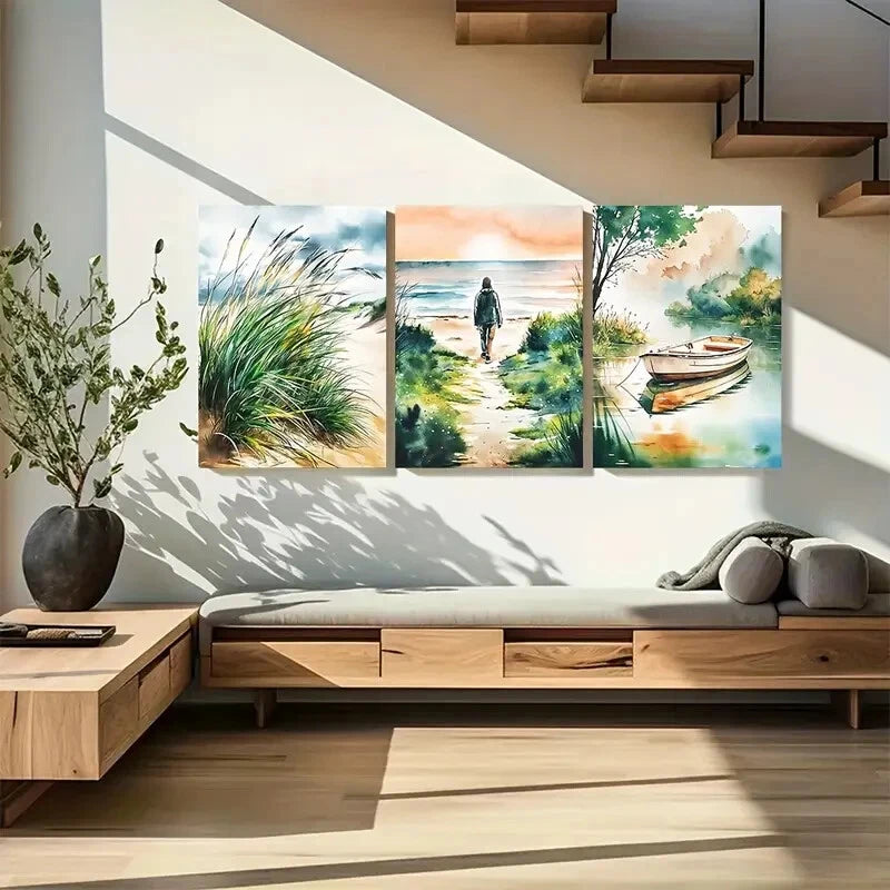 3pcs Abstract Sea Views Seaside Grass Boat Neutral Metal Print Ready to Hang Art - Bella Home Decor