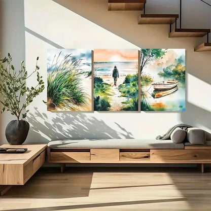 3pcs Abstract Sea Views Seaside Grass Boat Neutral Metal Print Ready to Hang Art - Bella Home Decor
