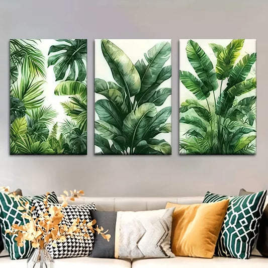 3pcs Green Palm Leaf Paintings Metal Print Ready to Hang Art