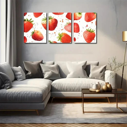 3pcs Vibrant Red Strawberries with Green Leaves Wall Art Set Canvas Unframed - High Quality Print 100% Australian Made Wall Canvas