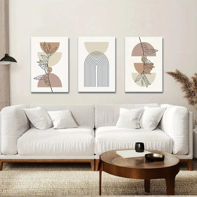 3pcs Abstract Geometric Line Leaf Beige Botanical Metal Print Ready to Hang Art