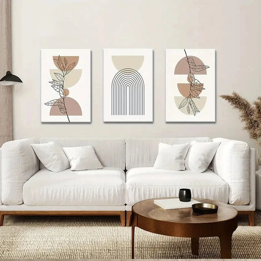 3pcs Abstract Geometric Line Leaf Beige Botanical Metal Print Ready to Hang Art