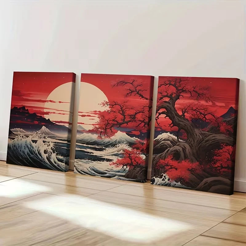 3pcs Cherry Blossom Asian Art Japanese  Wall Art Set Canvas Framed 50x70cm - High Quality Print 100% Australian Made Wall Canvas Ready to Hang - Bella Home Decor