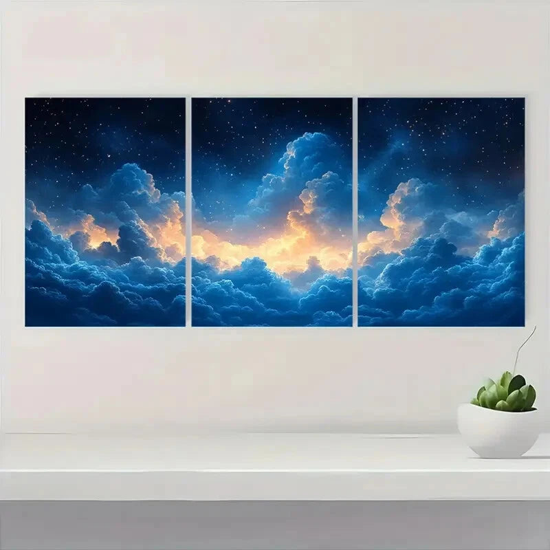 3pcs Abstract Cloud Sky Navy Blue & Orange Art Metal Print Ready to Hang Art - Bella Home Decor