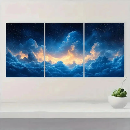 3pcs Abstract Cloud Sky Navy Blue & Orange Art Metal Print Ready to Hang Art - Bella Home Decor