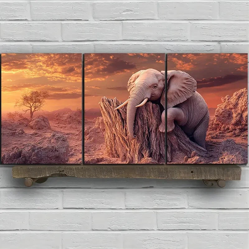 3pcs The Elephant on The Tree Stump Metal Print Ready to Hang Art - Bella Home Decor