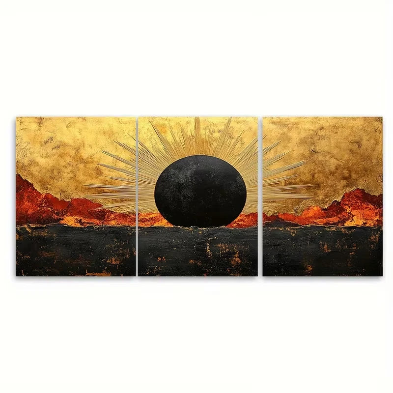3pcs Sunburst Angular Golden and Black Metal Print Ready to Hang Art - Bella Home Decor