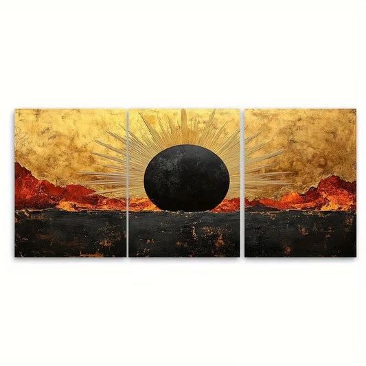 3pcs Sunburst Angular Golden and Black Metal Print Ready to Hang Art