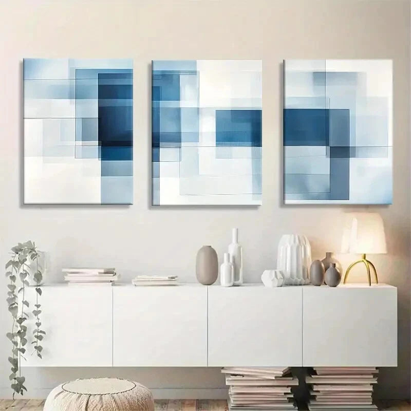 3pcs Blue Geometric Abstract Modern Metal Print Ready to Hang Art - Bella Home Decor