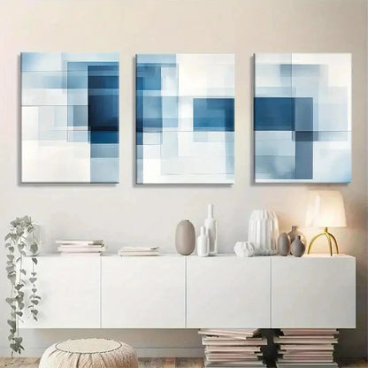 3pcs Blue Geometric Abstract Modern Metal Print Ready to Hang Art - Bella Home Decor