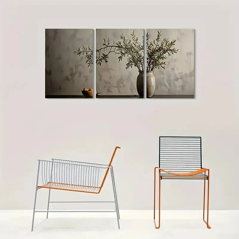 3pcs Abstract Nature Olive Branches Vase Metal Print Ready to Hang Art - Bella Home Decor